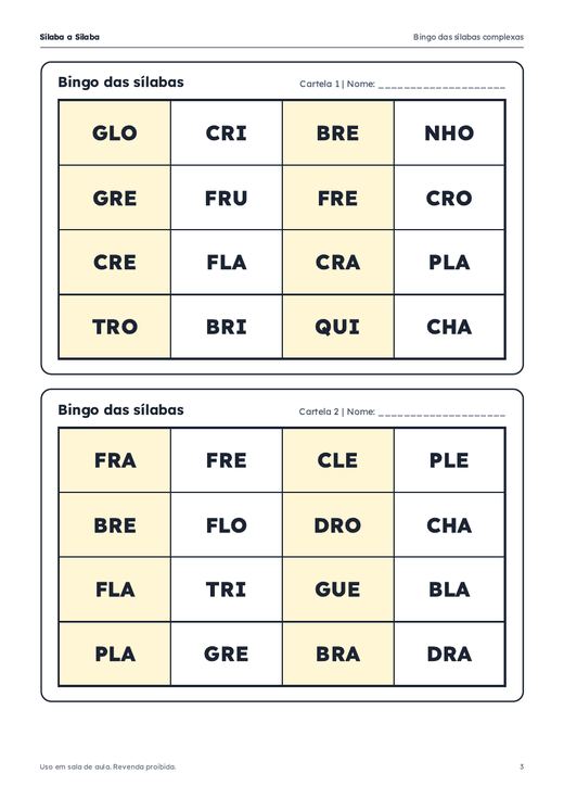 Duas cartelas do bingo das sílabas